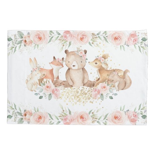 Chic Woodland Animals Blush Floral New Baby Girl Kussensloop (Achterkant)
