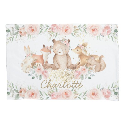 Chic Woodland Animals Blush Floral New Baby Girl Kussensloop (Voorkant)
