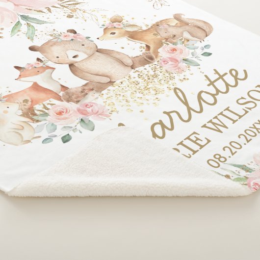 Chic Woodland Animals Blush Floral New Baby Girl Sherpa Deken (3/4)