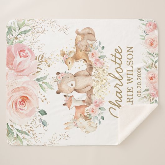 Chic Woodland Animals Blush Floral New Baby Girl Sherpa Deken (Voorkant (horizontaal))