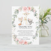 Chic Woodland Animals Floral Greenery Baby shower Bedankkaart (Staand voorkant)