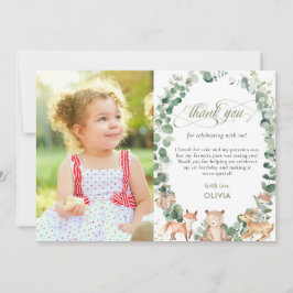 Chic Woodland Animals Greenery 1st Birthday Foto  Bedankkaart