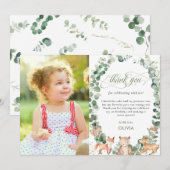 Chic Woodland Animals Greenery 1st Birthday Foto  Bedankkaart (Voorkant / Achterkant)