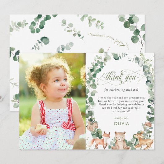 Chic Woodland Animals Greenery 1st Birthday Foto Bedankkaart (Voorkant / Achterkant)
