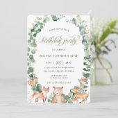 Chic Woodland Animals Greenery 1st Birthday Party Kaart (Staand voorkant)