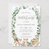 Chic Woodland Animals Greenery 1st Birthday Party Kaart (Voorkant)