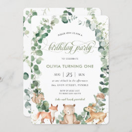 Chic Woodland Animals Greenery 1st Birthday Party Kaart