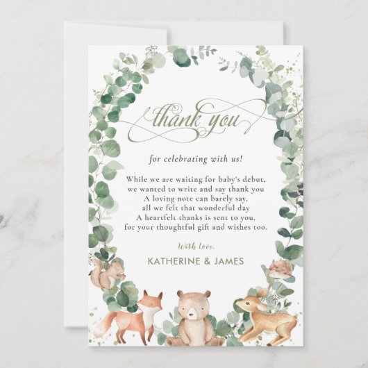 Chic Woodland Animals Greenery Baby shower   Bedankkaart (Voorkant)