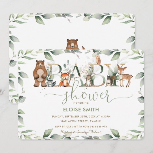Chic Woodland Animals Greenery Baby shower Neutral Kaart (Voorkant / Achterkant)