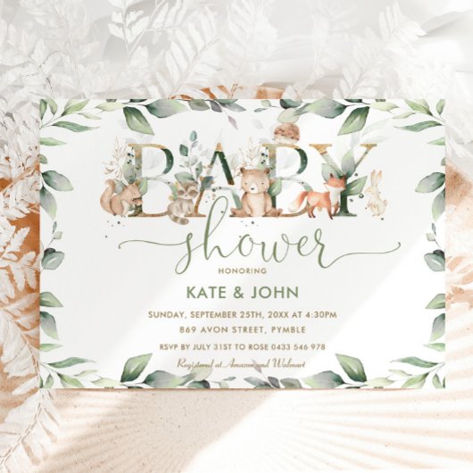 Chic Woodland Animals Greenery Baby shower Neutral Kaart