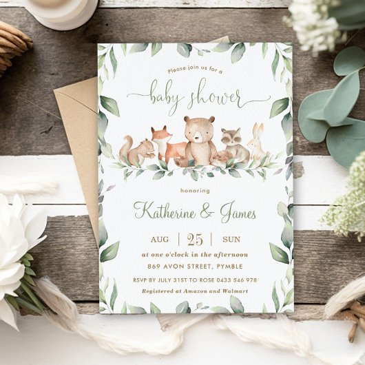 Chic Woodland Animals Greenery Baby shower Neutral Kaart