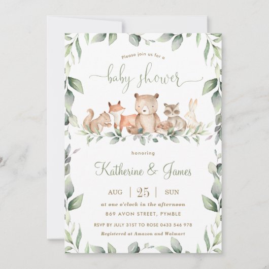 Chic Woodland Animals Greenery Baby shower Neutral Kaart (Voorkant)