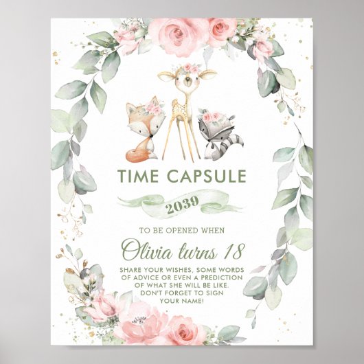 Chic Woodland Animals Greenery Floral Time Capsule Poster (Voorkant)