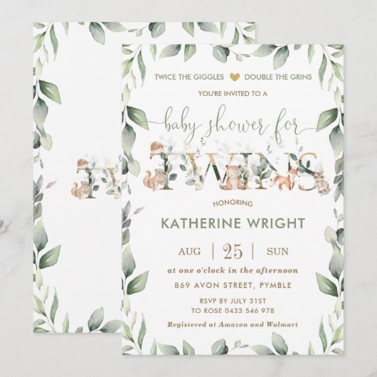 Chic Woodland Animals Greenery Twins Baby shower Kaart (Voorkant / Achterkant)