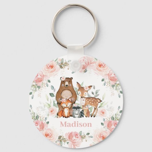 Chic Woodland Animals Pastel Blush Floral Favor Sleutelhanger (Voorkant)