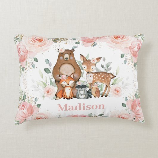 Chic Woodland Animals Pastel Blush Floral Gold Accent Kussen (Voorkant)