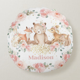 Chic Woodland Animals Pastel Blush Floral Gold    Rond Kussen