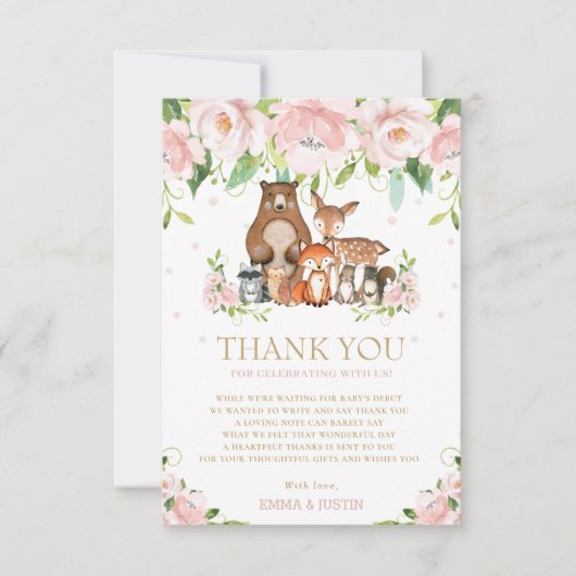 Chic Woodland Animals Roze Bloemen Baby shower Bedankkaart (Voorkant)