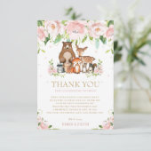 Chic Woodland Animals Roze Bloemen Baby shower Bedankkaart (Staand voorkant)