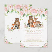 Chic Woodland Animals Roze Bloemen Baby shower Bedankkaart (Voorkant / Achterkant)