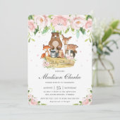Chic Woodland Animals Roze Bloemen Baby shower Kaart (Staand voorkant)