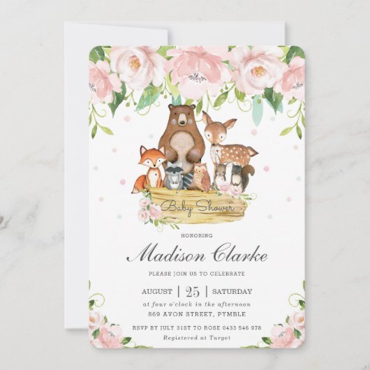 Chic Woodland Animals Roze Bloemen Baby shower Kaart (Voorkant)