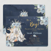 Chic Woodland Animals Tribal Navy Gold Baby shower Kaart (Voorkant / Achterkant)