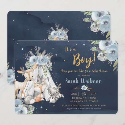 Chic Woodland Animals Tribal Navy Gold Baby shower Kaart (Voorkant / Achterkant)