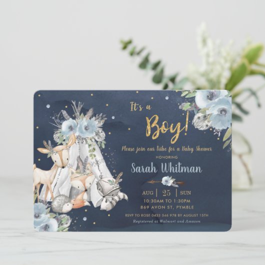 Chic Woodland Animals Tribal Navy Gold Baby shower Kaart (Staand voorkant)