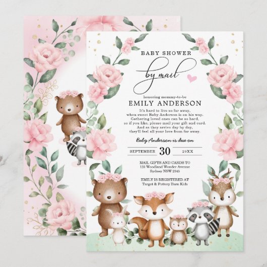 Chic Woodland Baby shower door Mail Blush Floral Kaart (Voorkant / Achterkant)