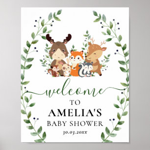 Chic Woodland Green Animals Baby shower Welkom Poster