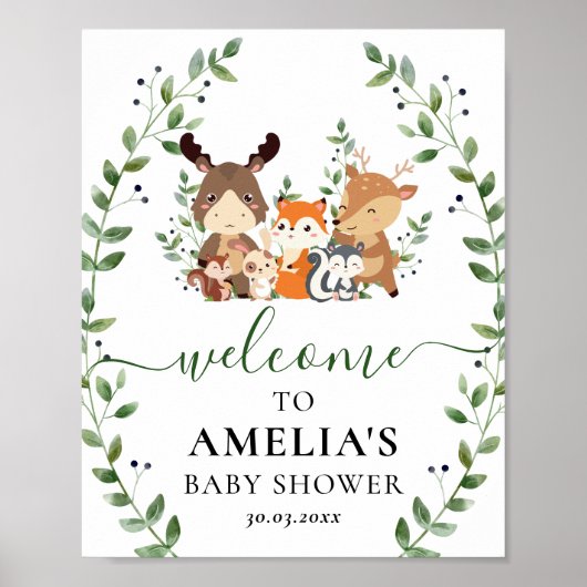 Chic Woodland Green Animals Baby shower Welkom Poster (Voorkant)