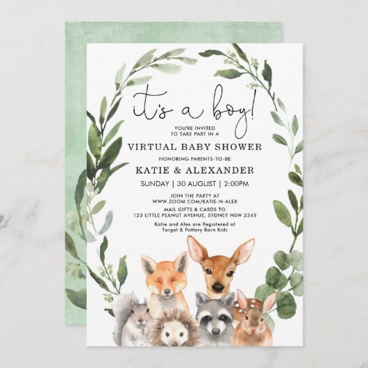 Chic Woodland Greenery Wreath Virtual Baby shower Kaart (Voorkant / Achterkant)