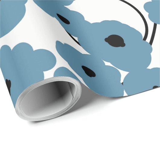 CHIC WRAPPING PAPER_ MOD BLUE & ZWARTE POPPIËNTEN CADEAUPAPIER (Rol Hoek)