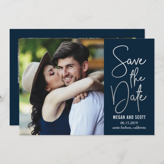Chic Writing BEWERKBARE KLEUR Save The Date Zilver Kaart (Voorkant / Achterkant)