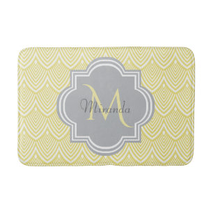 Chic Yellow Art Deco Scallops Grey Monogram Name Badmat