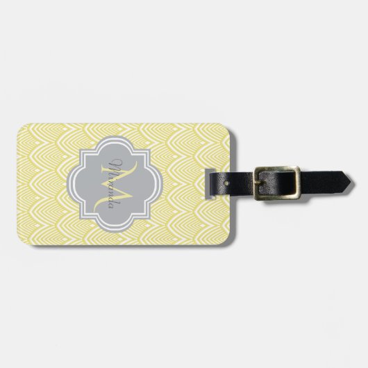 Chic Yellow Art Deco Scallops Grey Monogram Name Bagagelabel (Voorkant horizontaal)