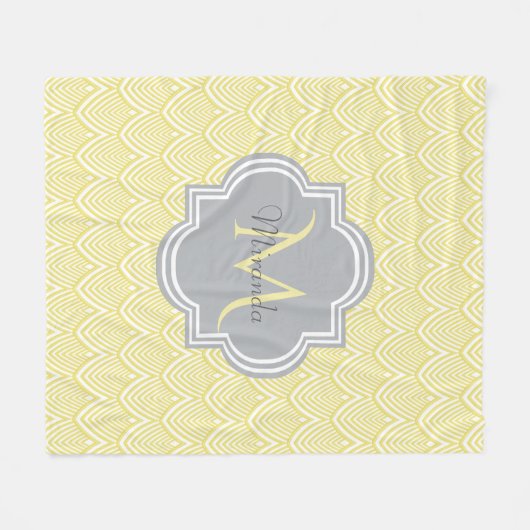 Chic Yellow Art Deco Scallops Grey Monogram Name Fleece Deken (Voorkant (Horizontaal))