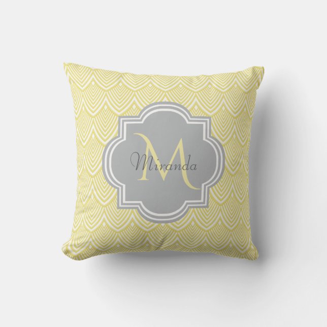 Chic Yellow Art Deco Scallops Grey Monogram Name Kussen (Voorkant)