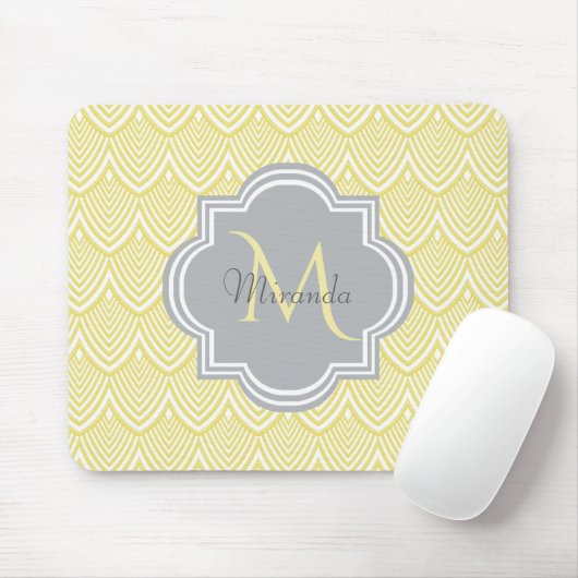 Chic Yellow Art Deco Scallops Grey Monogram Name Muismat (Met muis)