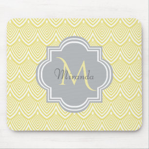 Chic Yellow Art Deco Scallops Grey Monogram Name Muismat