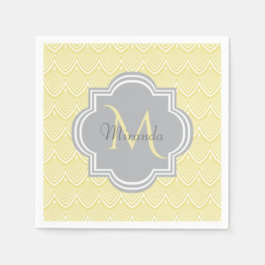 Chic Yellow Art Deco Scallops Grey Monogram Name Servetten (Voorkant)