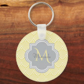 Chic Yellow Art Deco Scallops Grey Monogram Name Sleutelhanger (Voorkant)