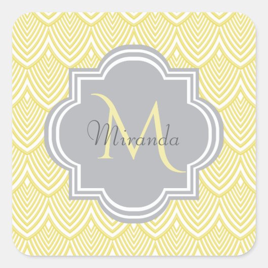 Chic Yellow Art Deco Scallops Grey Monogram Name Vierkante Sticker (Voorkant)