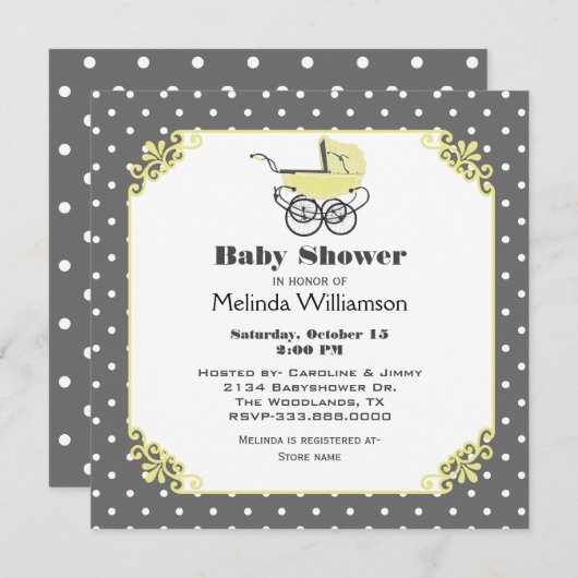 Chic Yellow Baby Pram Baby shower Invitation Kaart (Voorkant / Achterkant)