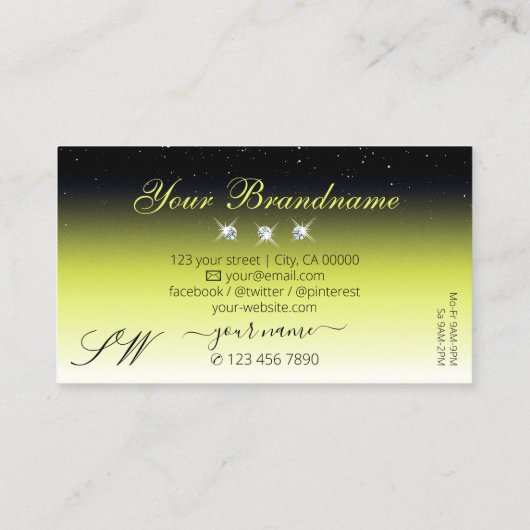 Chic Yellow Black Ombre Sparkle Diamonds Initialen Visitekaartje (Achterkant)