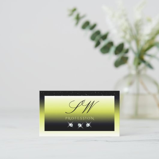 Chic Yellow Black Ombre Sparkle Diamonds Initialen Visitekaartje (Staand voorkant)