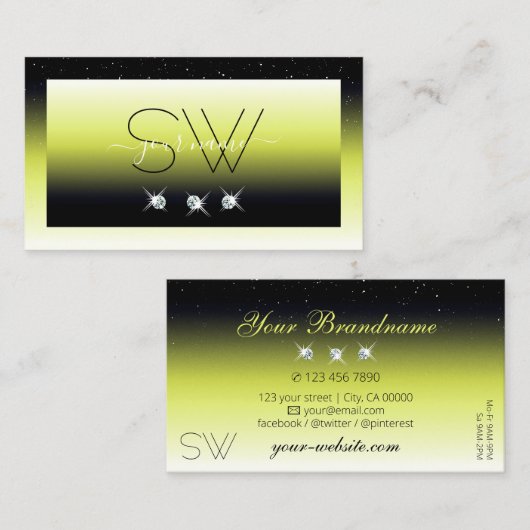 Chic Yellow Black Ombre Sparkle Diamonds Monogram Visitekaartje (Voorkant / Achterkant)