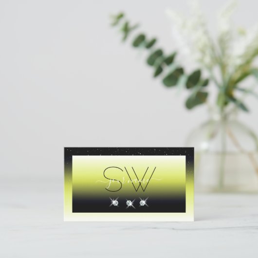 Chic Yellow Black Ombre Sparkle Diamonds Monogram Visitekaartje (Staand voorkant)