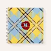 Chic Yellow Blue Tartan Stamp Monogram Script Naam